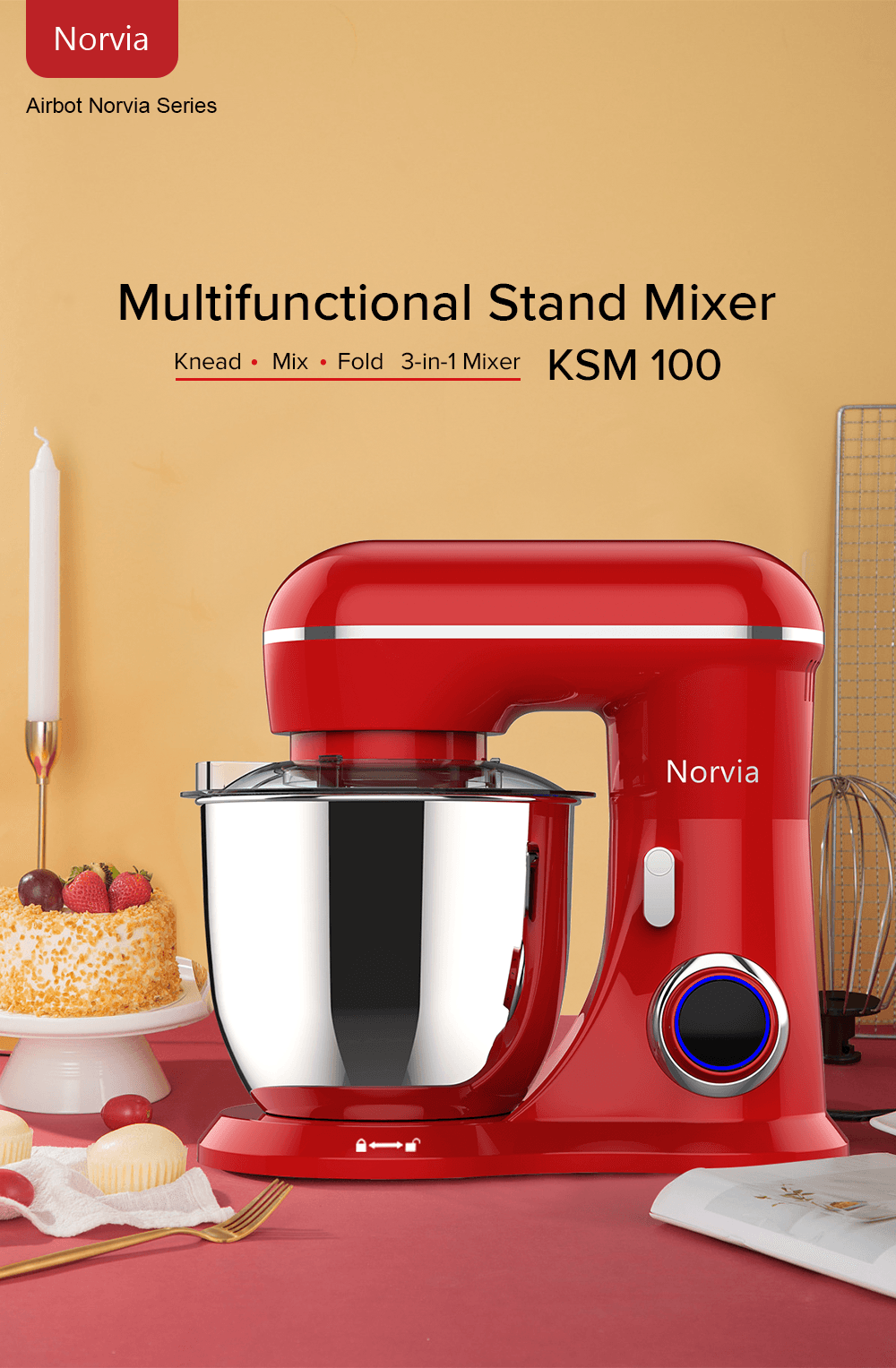 Airbot Norvia Kitchen Stand Mixer Powerful Motor Stainless Steel (5L/1300W) KSM100 - Cathay Electronic MY