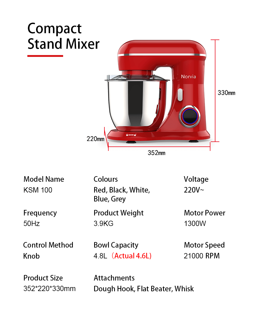 Airbot Norvia Kitchen Stand Mixer Powerful Motor Stainless Steel (5L/1300W) KSM100 - Cathay Electronic MY