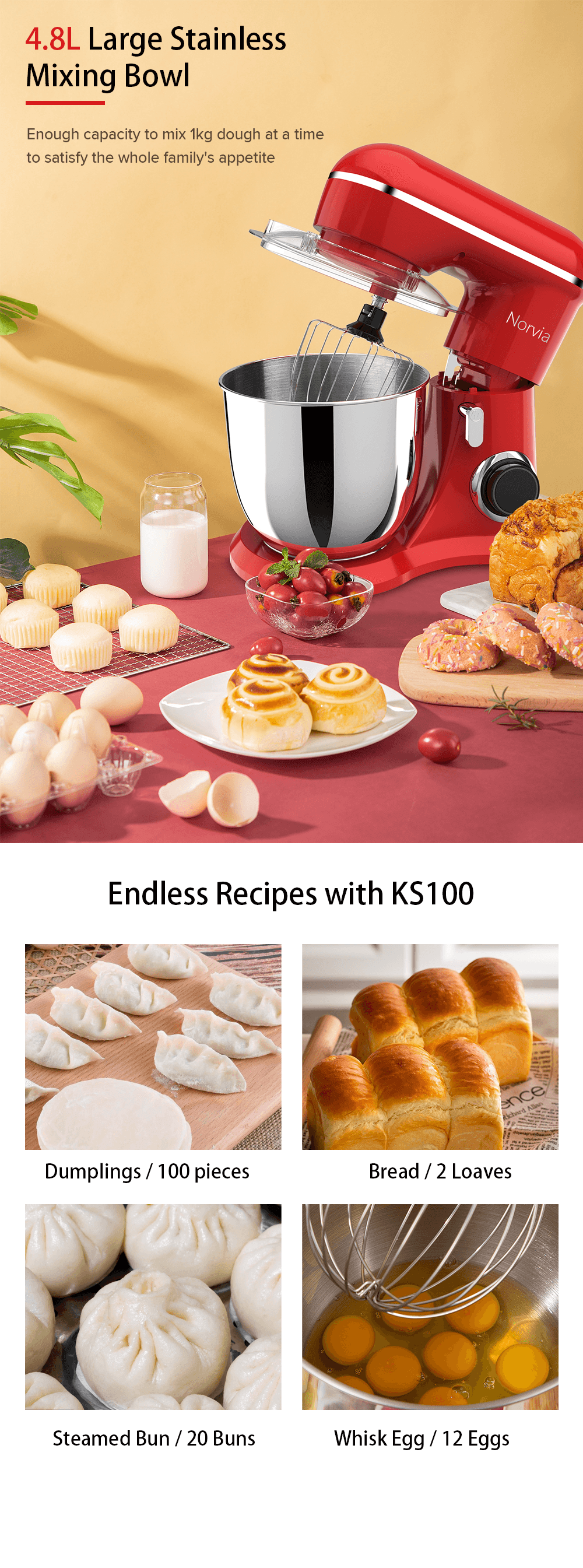Airbot Norvia Kitchen Stand Mixer Powerful Motor Stainless Steel (5L/1300W) KSM100 - Cathay Electronic MY